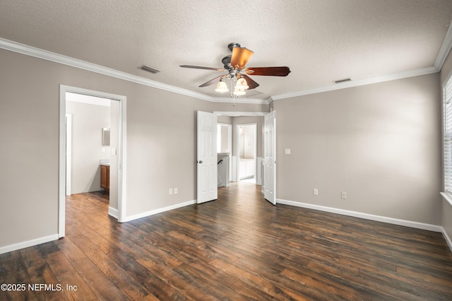 1821 Enterprise Ave, Saint Augustine, FL 32092 - unfurnished bedroom with dark wood-style flooring, ornamental molding, baseboards, a textured ceiling, and ceiling fan