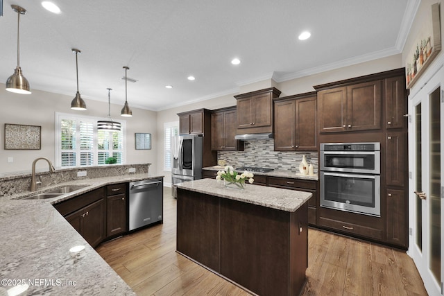 kitchen featuring light wood-style flooring, a sink, stainless steel appliances, dark brown cabinetry, and backsplash