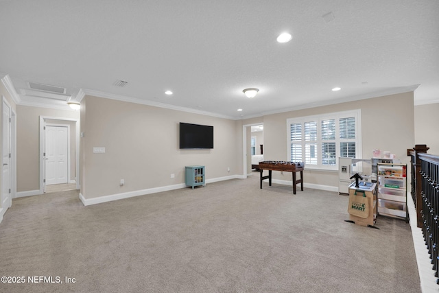 game room featuring light colored carpet, ornamental molding, and baseboards