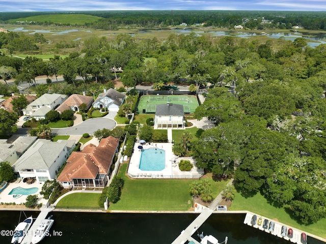 drone / aerial view featuring a water view