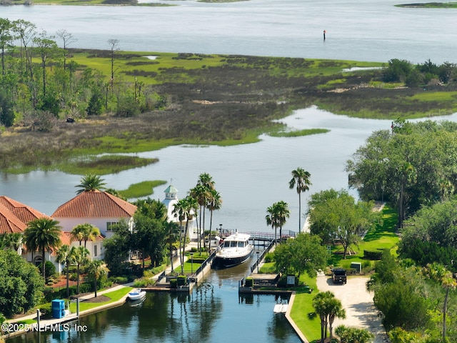 drone / aerial view featuring a water view