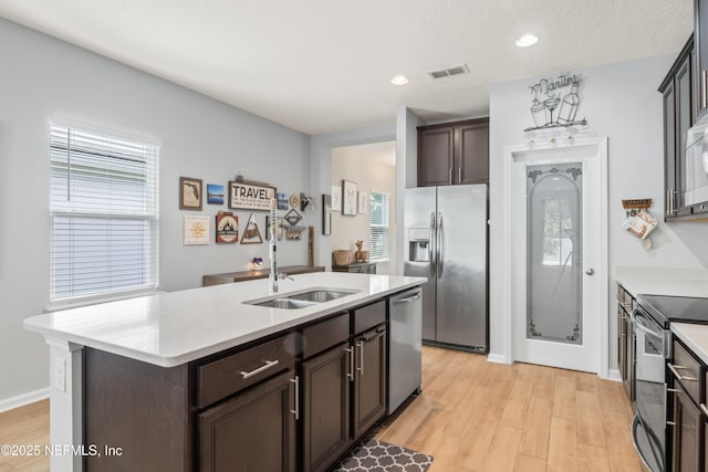 kitchen with dark brown cabinets, visible vents, appliances with stainless steel finishes, and a sink