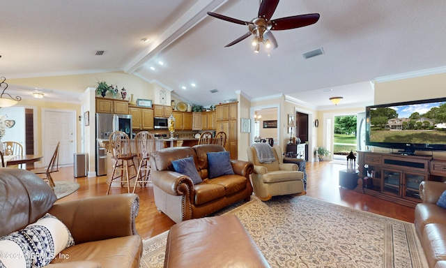 4637 Saddlehorn Trl, Middleburg, FL 32068 - living room featuring light wood-style flooring, ceiling fan, and ornamental molding