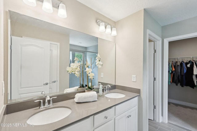 bathroom with a spacious closet, double vanity, and a sink