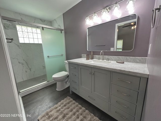 bathroom with vanity, a marble finish shower, wood finished floors, and toilet