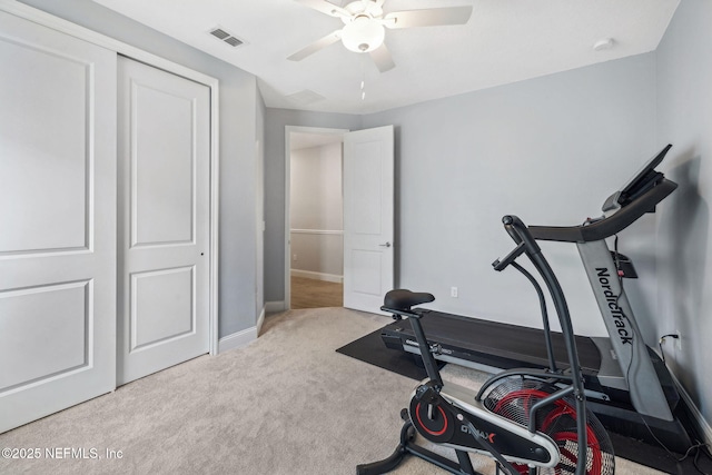 135 Neighbor Ct, Saint Augustine, FL 32092 - exercise room with carpet floors, ceiling fan, visible vents, and baseboards