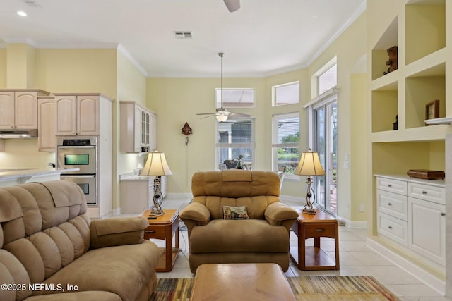 1695 Waters Edge Dr, Fleming Island, FL 32003 - living room featuring light tile patterned floors, ornamental molding, a ceiling fan, and visible vents