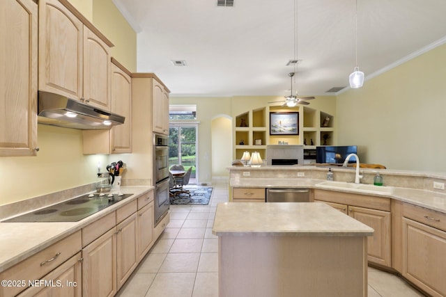 1695 Waters Edge Dr, Fleming Island, FL 32003 - kitchen featuring light brown cabinetry, a sink, a fireplace, stainless steel appliances, and under cabinet range hood