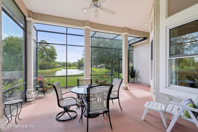 1695 Waters Edge Dr, Fleming Island, FL 32003 - sunroom / solarium with a water view, a ceiling fan, and a wealth of natural light
