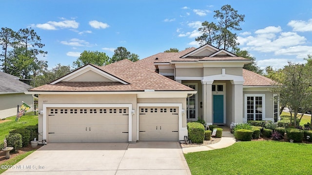 1695 Waters Edge Dr, Fleming Island, FL 32003 - view of front of house with a garage, a shingled roof, driveway, and stucco siding