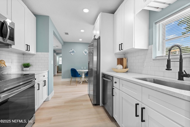 kitchen featuring white cabinetry, a sink, appliances with stainless steel finishes, and tasteful backsplash