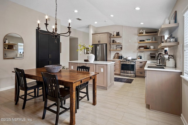 dining space featuring visible vents, a notable chandelier, baseboards, lofted ceiling, and recessed lighting