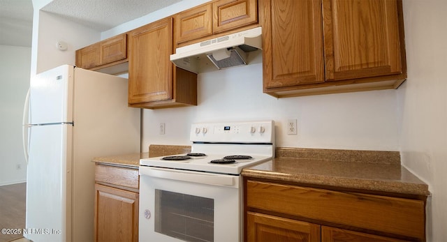 kitchen featuring white appliances, brown cabinetry, and under cabinet range hood