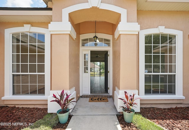 entrance to property with stucco siding