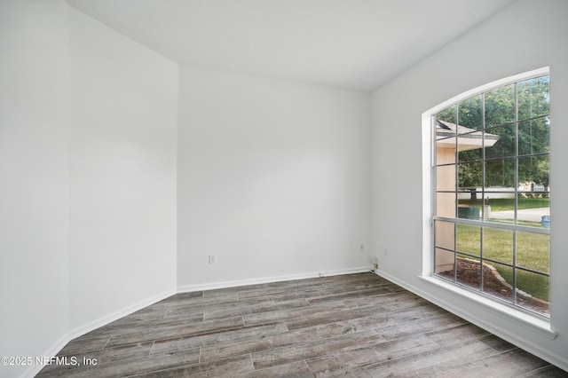 empty room featuring baseboards, wood finished floors, and plenty of natural light