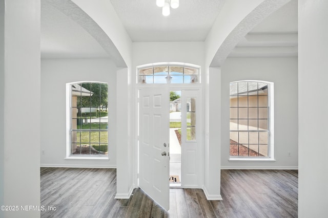 foyer entrance with baseboards, arched walkways, dark wood-style flooring, and plenty of natural light