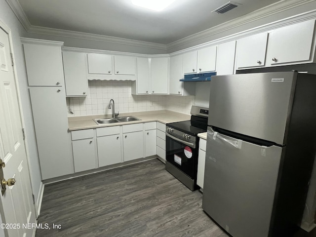 3128 Phyllis St, Jacksonville, FL 32205 - kitchen featuring under cabinet range hood, appliances with stainless steel finishes, a sink, white cabinetry, and visible vents