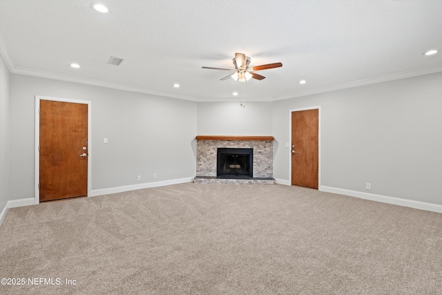 unfurnished living room with baseboards, recessed lighting, ceiling fan, and carpet floors