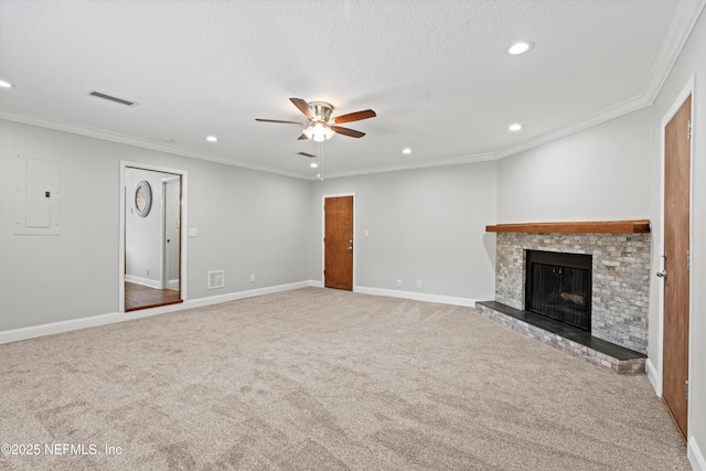 unfurnished living room featuring a ceiling fan, crown molding, recessed lighting, and carpet floors