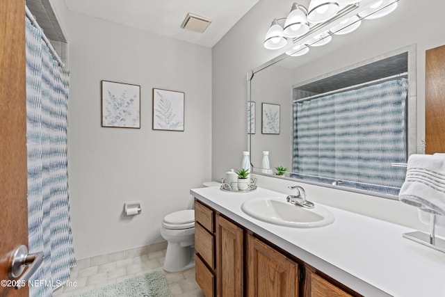 full bathroom with visible vents, toilet, and vanity