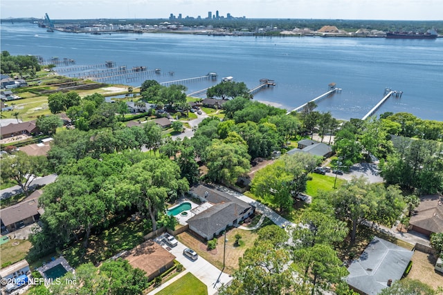 aerial view featuring a water view