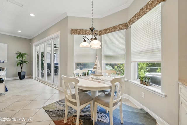 dining area featuring baseboards, ornamental molding, light tile patterned floors, and recessed lighting