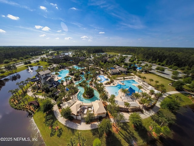 bird's eye view with a water view