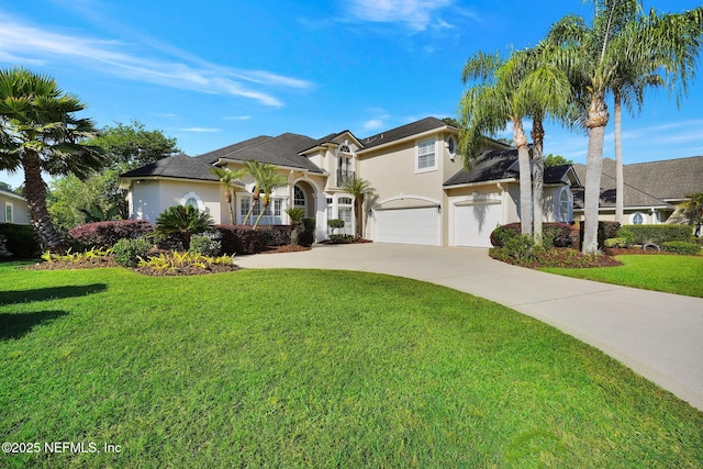view of front of home with a garage, stucco siding, concrete driveway, and a front yard