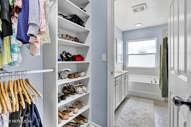interior space featuring a garden tub, a walk in closet, wood finished floors, and vanity