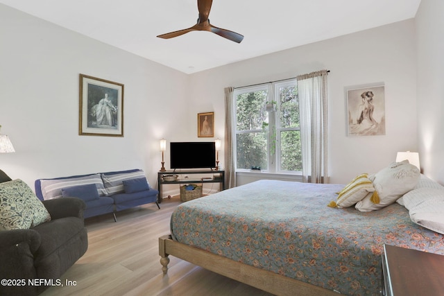 bedroom featuring ceiling fan and light wood finished floors