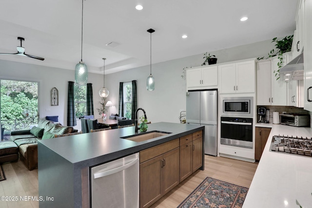 kitchen with a sink, light wood-type flooring, a toaster, appliances with stainless steel finishes, and open floor plan