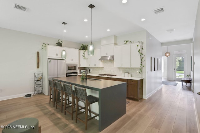 kitchen featuring a sink, baseboards, stainless steel appliances, and under cabinet range hood