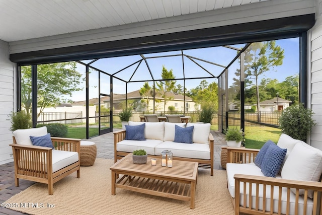 64 Nevis Peak Ln, Saint Augustine, FL 32092 - fenced backyard featuring an outdoor living space, a patio, glass enclosure, and a residential view