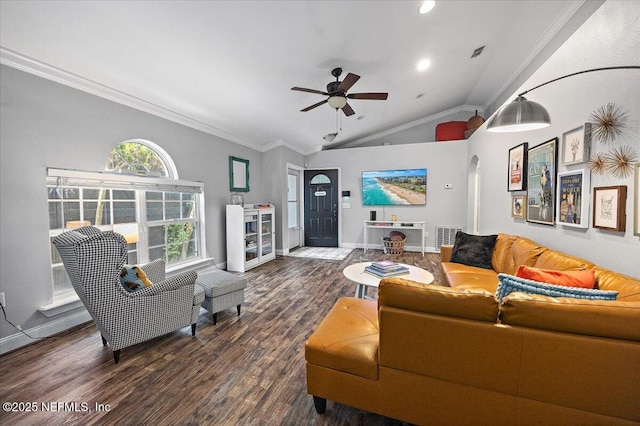 2681 Kimberly Forest Dr E, Jacksonville, FL 32246 - living room featuring wood finished floors, arched walkways, a ceiling fan, lofted ceiling, and crown molding