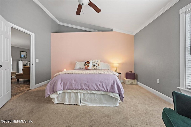 2681 Kimberly Forest Dr E, Jacksonville, FL 32246 - carpeted bedroom featuring ornamental molding, lofted ceiling, baseboards, and a ceiling fan