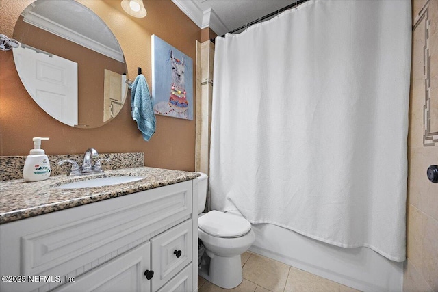 2681 Kimberly Forest Dr E, Jacksonville, FL 32246 - bathroom with ornamental molding, tile patterned flooring, vanity, toilet, and shower / tub combo with curtain