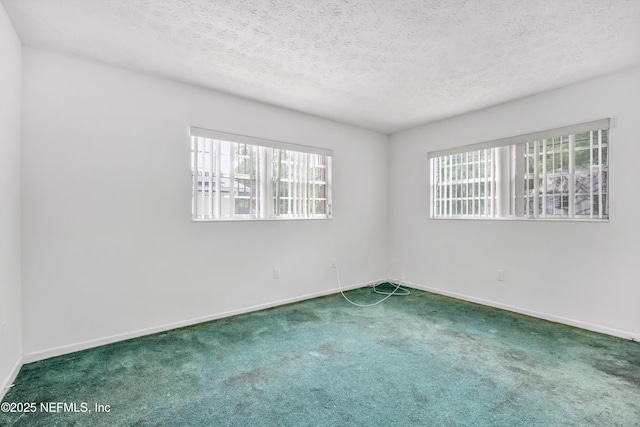 spare room featuring a textured ceiling, a wealth of natural light, carpet floors, and baseboards