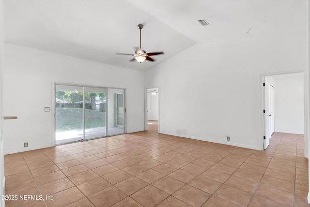 5329 Ogilvie Ln, Saint Augustine, FL 32086 - unfurnished room with visible vents, a ceiling fan, light tile patterned flooring, and high vaulted ceiling