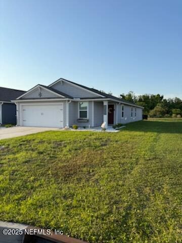 ranch-style home featuring a garage, a front yard, and concrete driveway