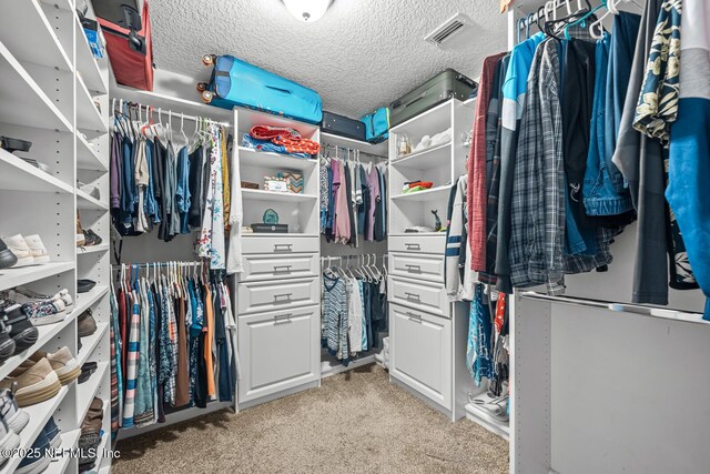 spacious closet with visible vents and light colored carpet