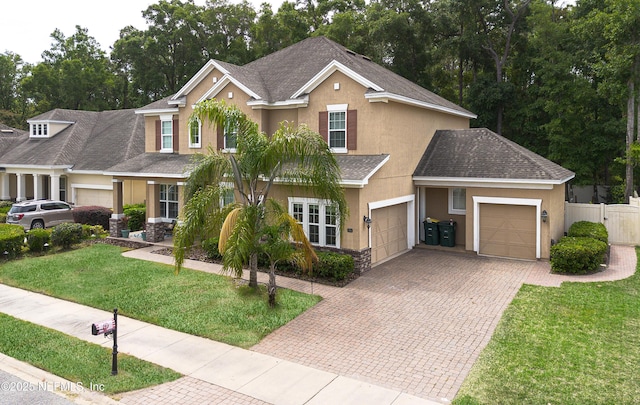 view of front of house with decorative driveway, fence, a front lawn, an attached garage, and stucco siding