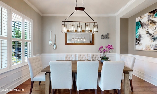 dining space featuring ornamental molding, a decorative wall, wood finished floors, and a wealth of natural light