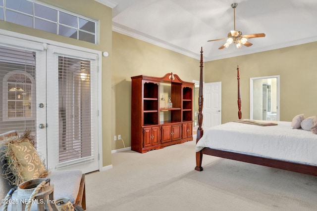bedroom featuring ceiling fan, access to exterior, crown molding, baseboards, and carpet flooring
