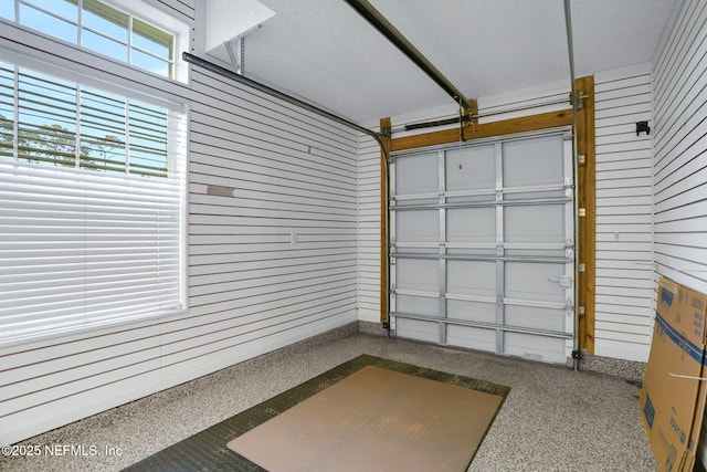 garage featuring wooden walls