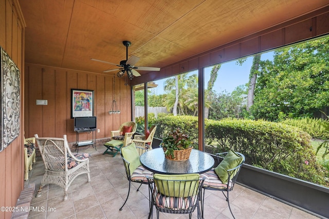 sunroom / solarium with wooden ceiling, a ceiling fan, and wood walls