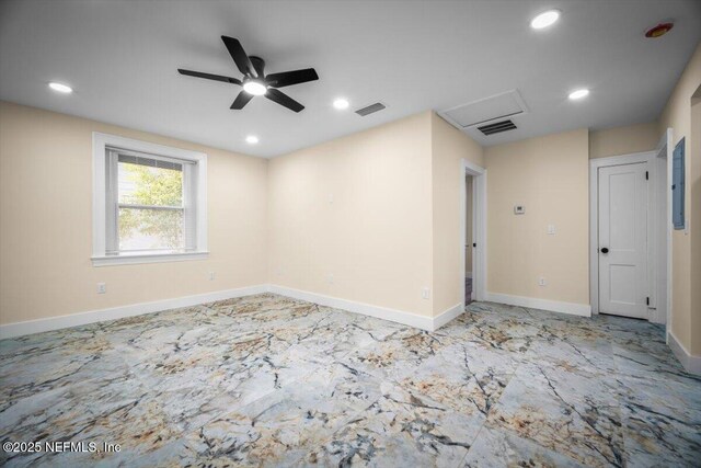6422 Kathryn Dr, Jacksonville, FL 32208 - empty room featuring ceiling fan, recessed lighting, baseboards, and marble look tile flooring