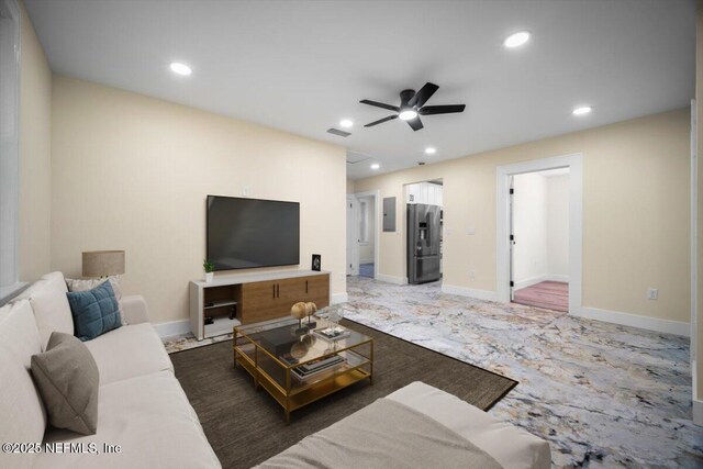6422 Kathryn Dr, Jacksonville, FL 32208 - living room with ceiling fan, recessed lighting, baseboards, carpet floors, and electric panel