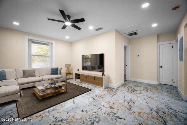 6422 Kathryn Dr, Jacksonville, FL 32208 - living area featuring marble look tiles, a ceiling fan, baseboards, and recessed lighting