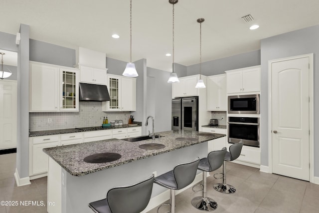 kitchen with visible vents, tasteful backsplash, a sink, under cabinet range hood, and stainless steel appliances