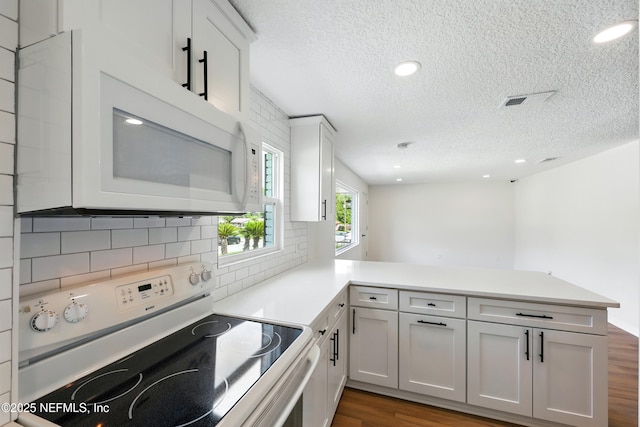 kitchen featuring backsplash, a textured ceiling, dark wood finished floors, a peninsula, and white appliances